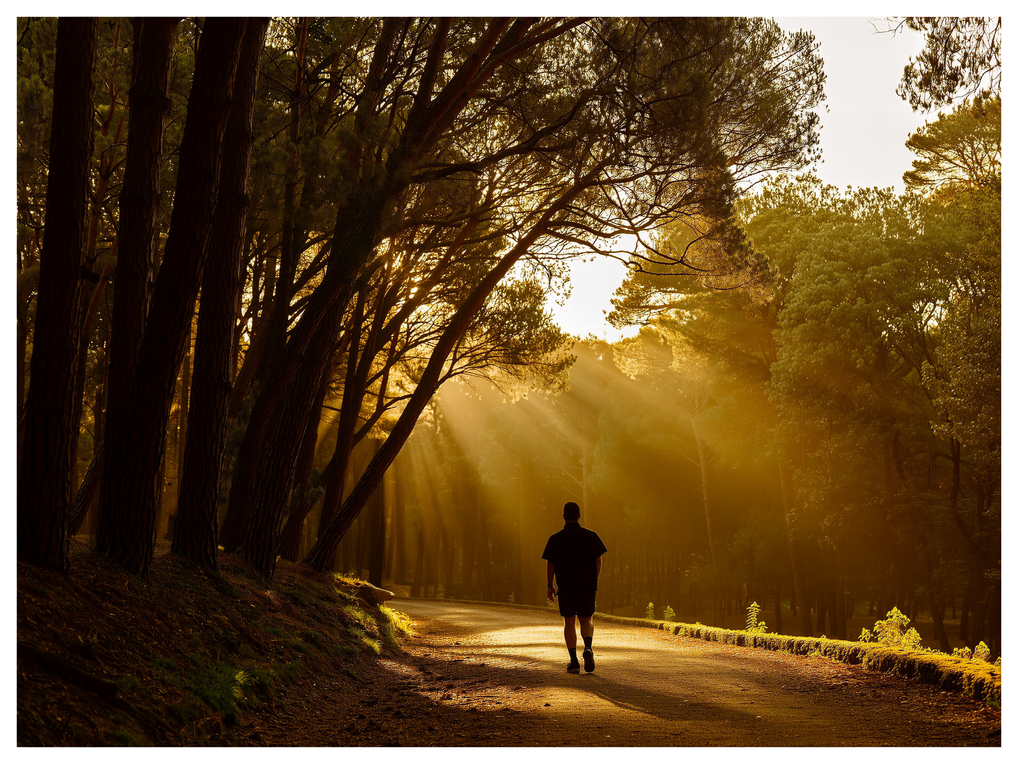Persona caminando por sendero del bosque con luz dorada