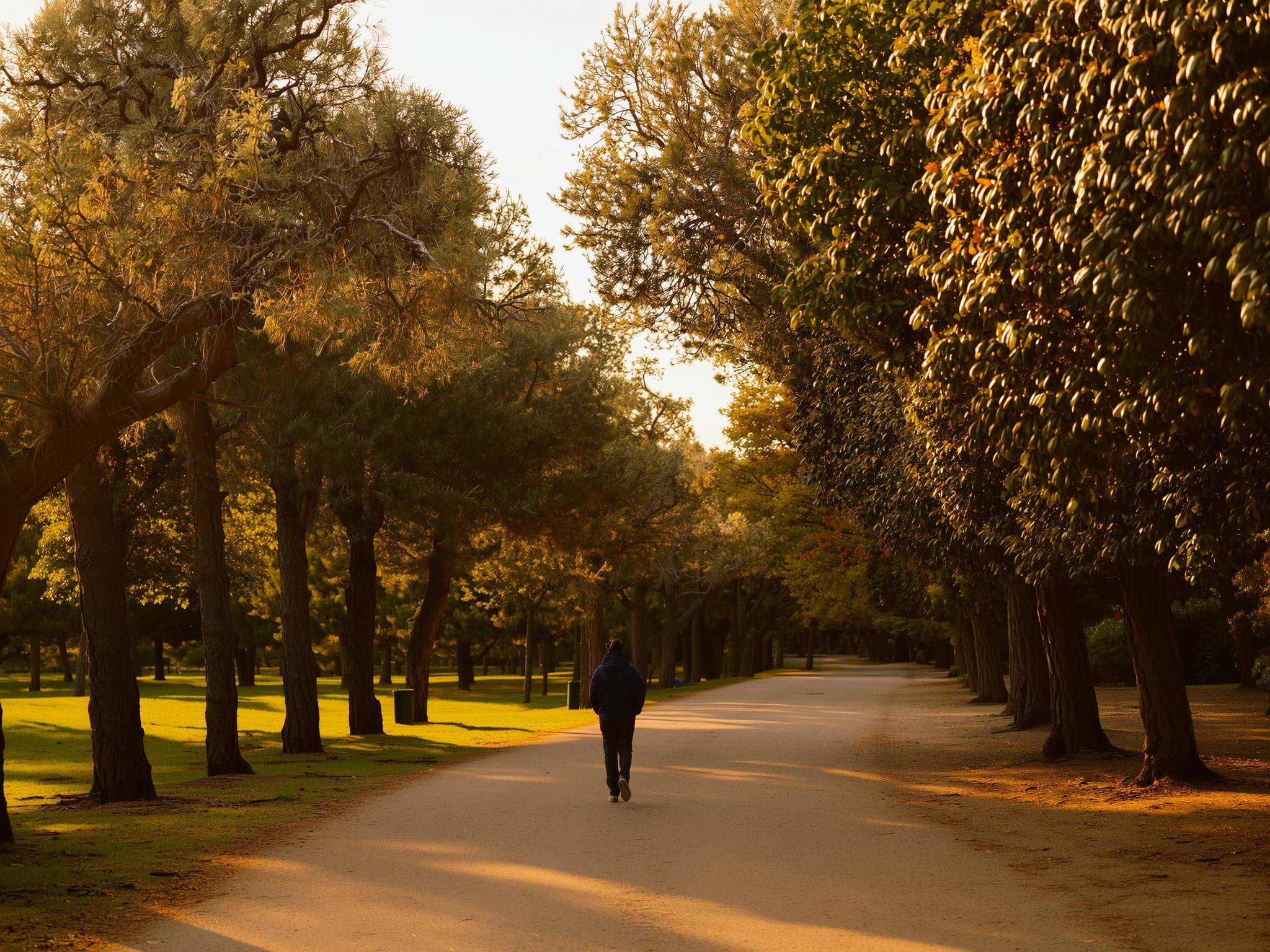 Persona caminando por sendero tranquilo en parque durante hora dorada