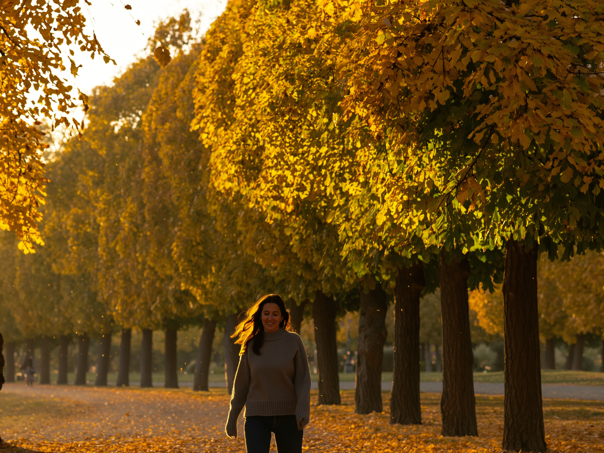 Mujer caminando sola por un parque otoñal, simbolizando el camino hacia la sanación personal