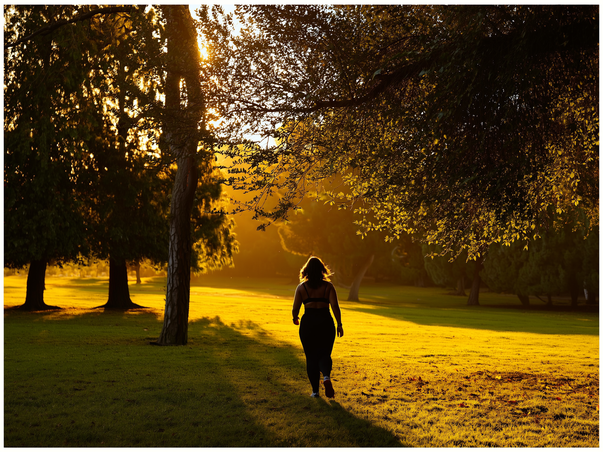 Mujer caminando sola en parque al atardecer, representando crecimiento personal y nueva dirección