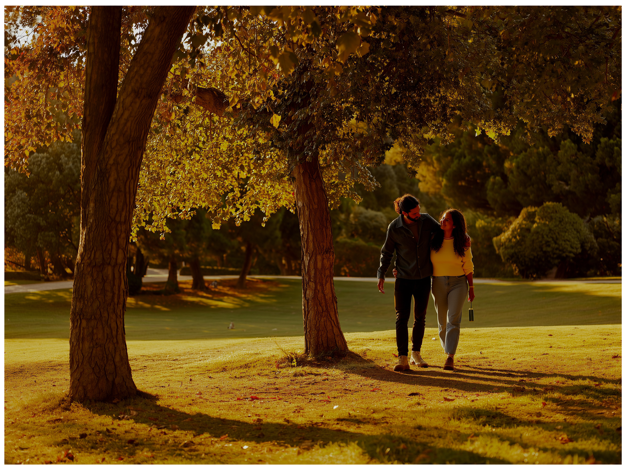 Pareja caminando juntos por un parque español en otoño, mostrando apoyo mutuo y cercanía