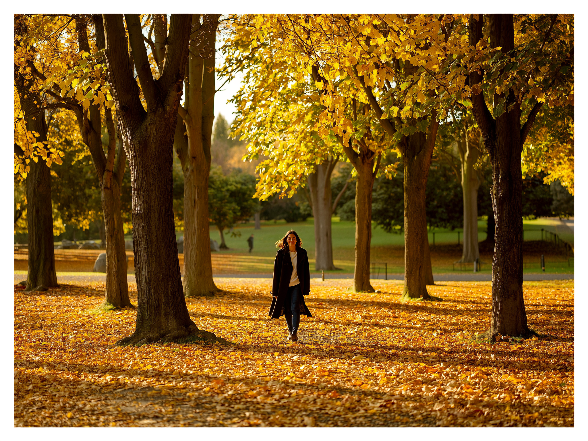 Mujer caminando por un parque en otoño, simbolizando el proceso de cambio y renovación