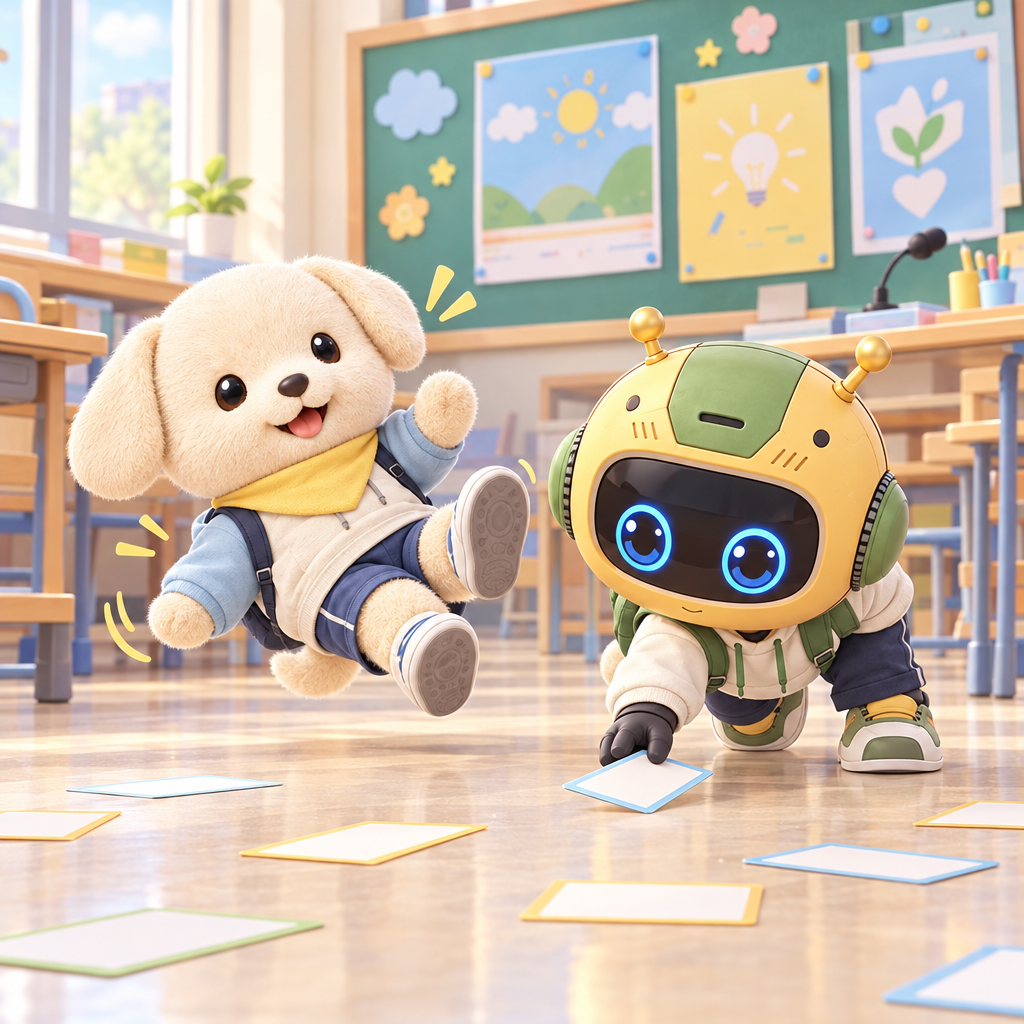 The name cards scatter before their turn. Robot_child_male_chibi_mascot_002 asks Mongi about himself, so they begin with a question.