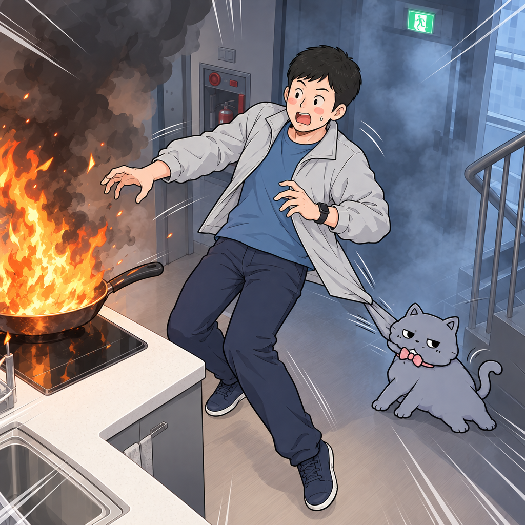 불꽃이 냄비 가장자리를 넘어오자 냥냥은 박동진을 잡아당겼습니다. 김으로 보이던 것이 순식간에 불꽃과 연기로 바뀌면서 주방의 상황도 달라졌습니다.