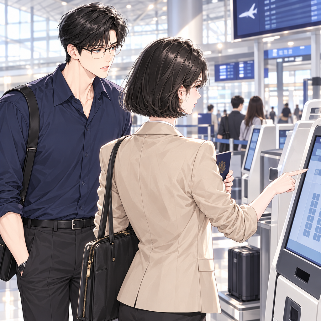 The agent asks, “May I see your passport?” Mina hears a seat question and points away from the counter. The first minute of the trip alread…