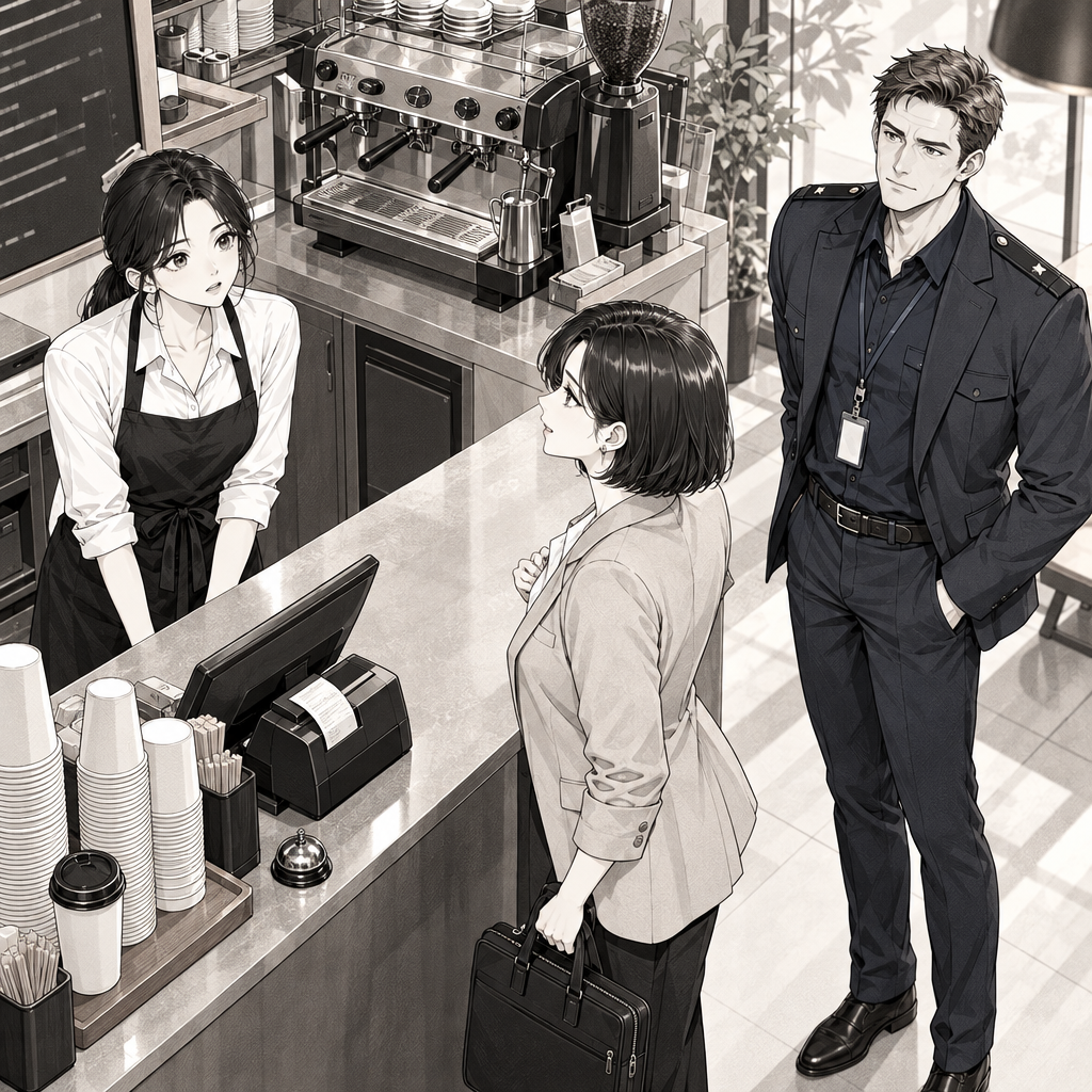 Before her office meeting, Mina orders at a busy Seoul cafe counter. The order needs a drink, size, milk, and temperature in one clear sent…