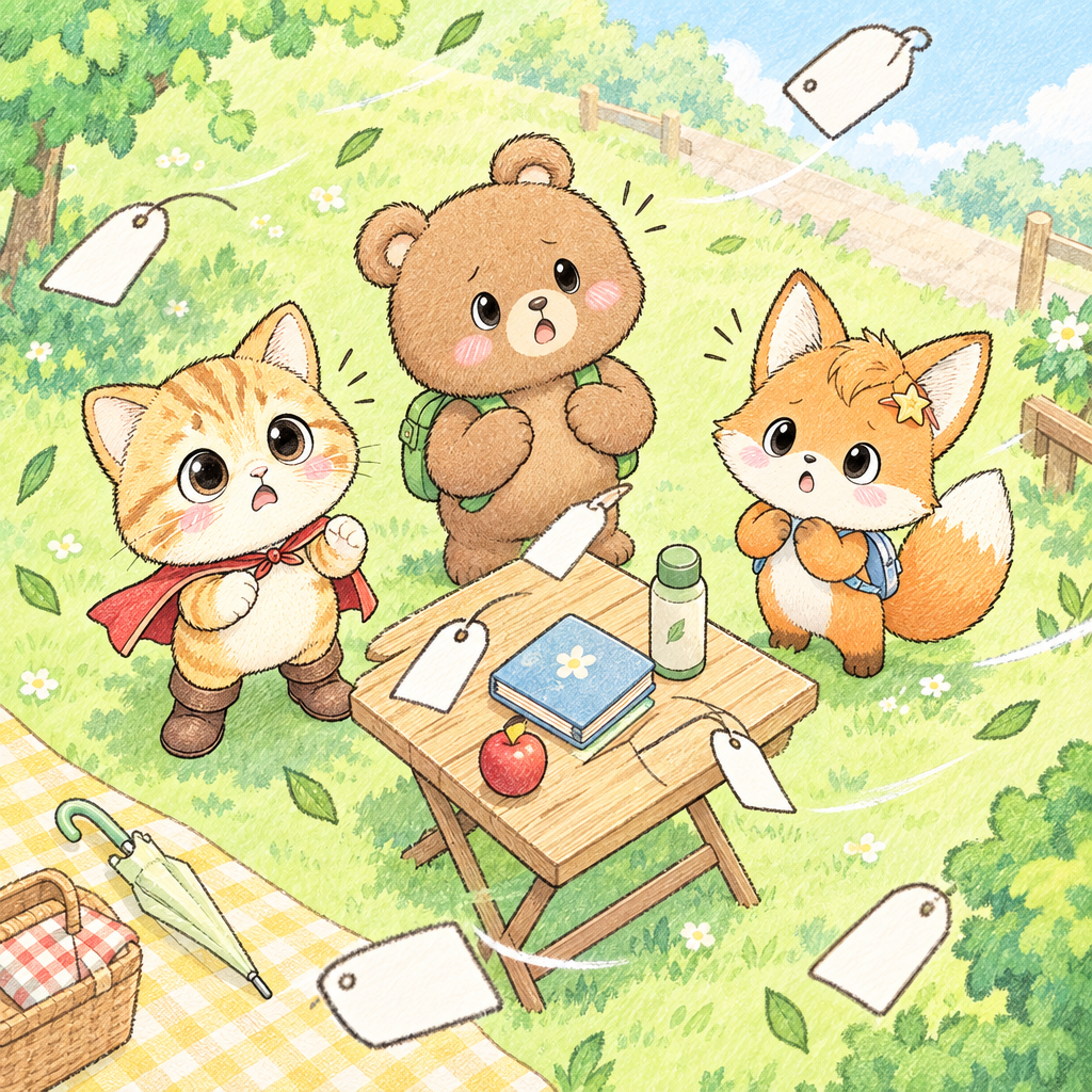 公園の落とし物のタグが風で飛びます。近い物は「これ」で指します。