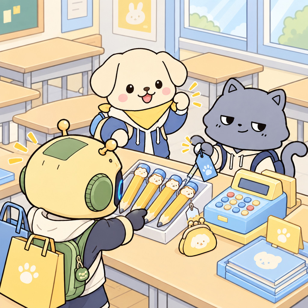 The robot_child_male_chibi_mascot_002 points to one pencil for practice. 몽이 asks for its price with a complete question.