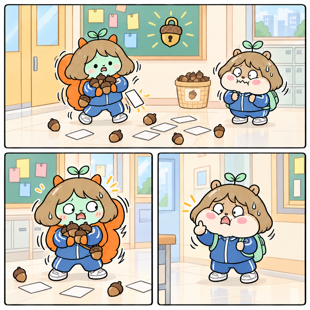 도토리가 미션 카드 ①을 떨어뜨리자 첫 자물쇠가 나타났다. 실생활 문제는 미지수를 정하고, 뜻에 맞게 식을 세운 뒤 해를 구하고 확인하는 순서로 푼다.