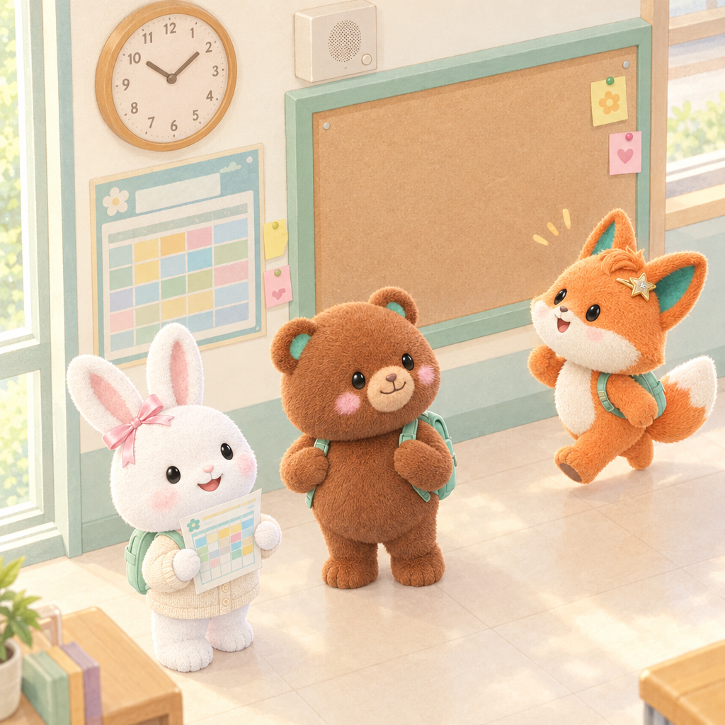 발표 시간이 가까워져 세 친구는 복도 게시판으로 달려왔다. 今天은 오늘, 明天은 내일을 뜻해 쪽지를 잘 살펴야 한다.