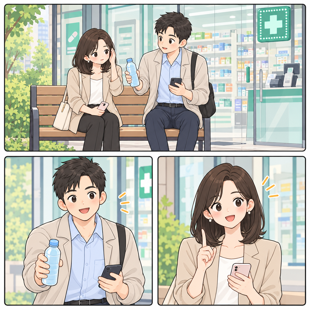 약국에 들어가기 전, 준은 두통이 있는 하나에게 물을 건넨다. 증상을 먼저 짧게 말해야 리 사장이 알맞은 약을 찾을 수 있다.