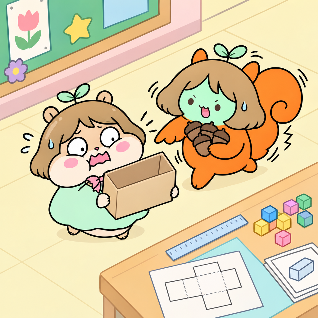 둘은 전시 상자에 간식을 담으려다 부피와 겉넓이를 헷갈렸다. 부피는 물체가 차지하는 공간의 크기이고, 겉넓이는 물체의 모든 면의 넓이 합이다.