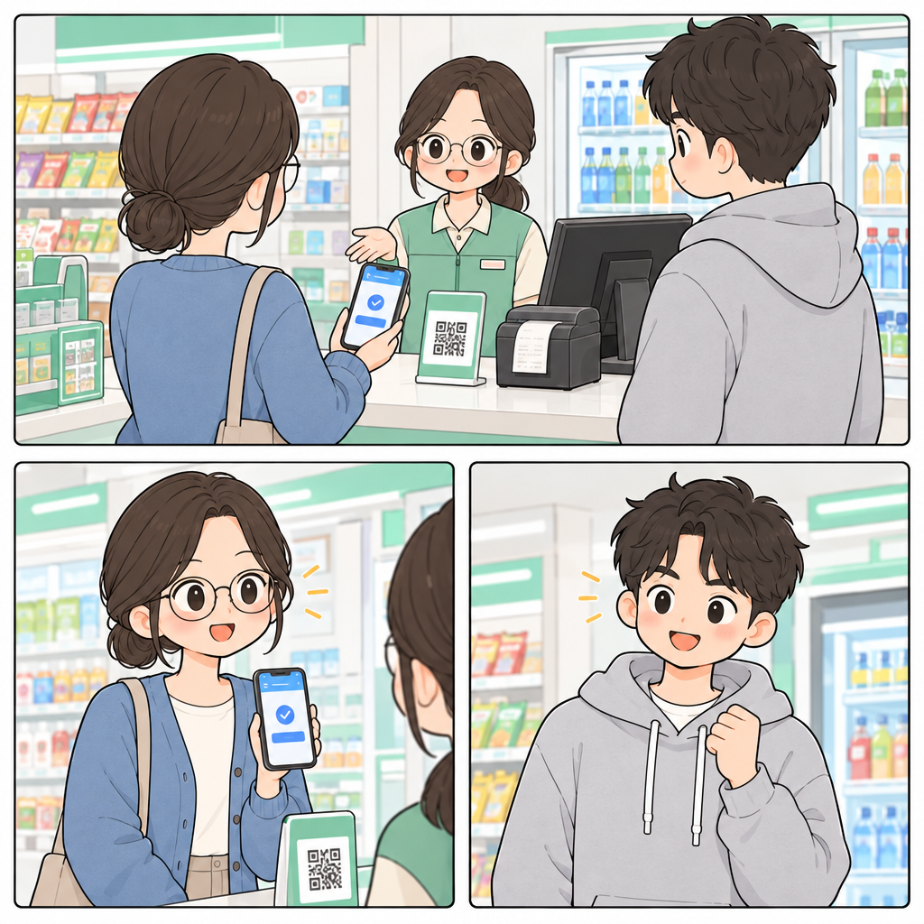 계산대에서 점원은 현금인지 카드인지 묻고, 서연은 모바일 결제를 고른다. 我用手机支付는 결제 방법을 분명하게 말하는 표현이다.