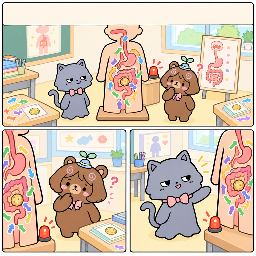 인체 모형 속 음식물 공이 잘못된 길에 막혔다. 소화계는 입, 식도, 위, 작은창자, 큰창자, 항문으로 이어져 음식물을 이동시키고 흡수한 뒤 배출한다.