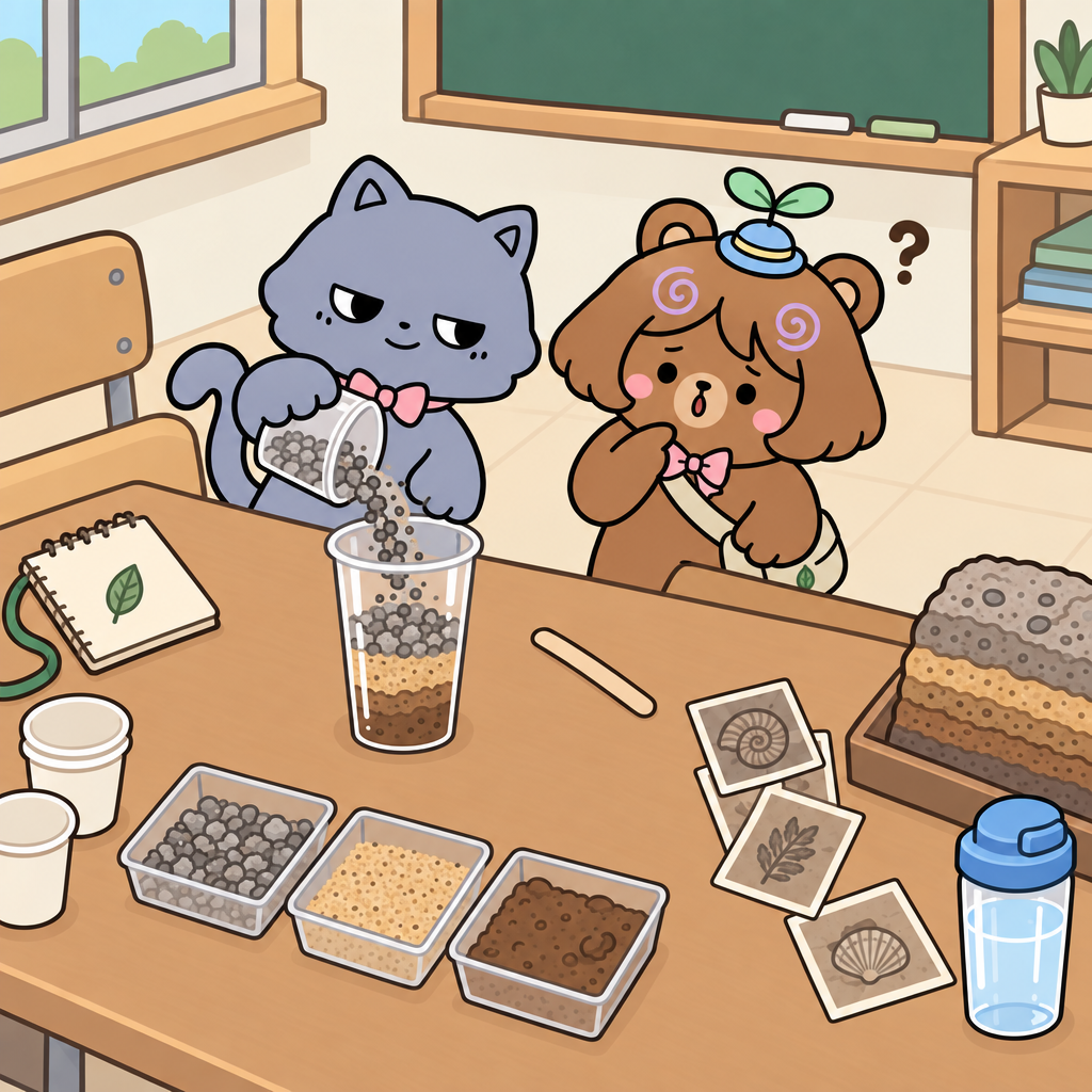 자갈, 모래, 진흙을 넣는 순서대로 아래에서부터 층이 생겼다. 층마다 알갱이의 크기와 색이 다르고, 층 사이에는 줄무늬가 보인다.