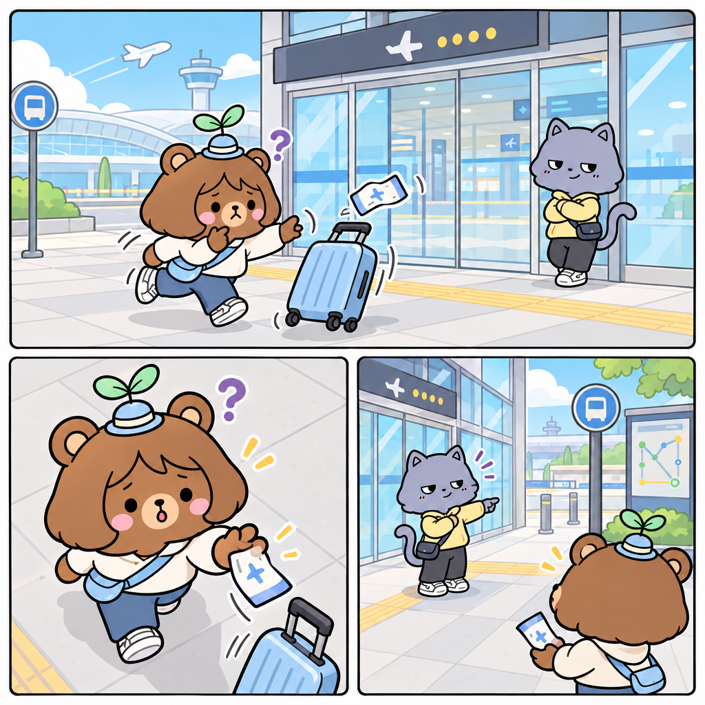 The runaway suitcase sends the paper ticket flying outside the airport. The word airport means 공항, the place where travelers catch flights.