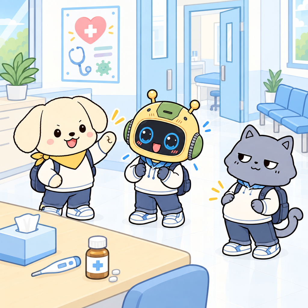The sentence I have a stomachache clearly tells the symptom. The friends hurry to the school nurse's office.