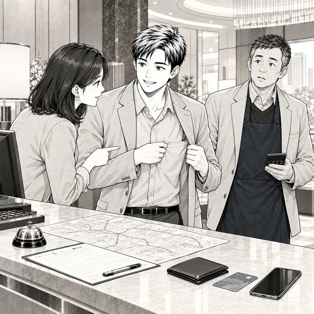 리 사장은 준이 무엇을 잃었는지 묻고, 준은 장소와 동사를 섞어 말합니다. 하나가 손가락으로 물건과 장소를 차례로 가리키자 준의 문장이 바로잡힙니다.