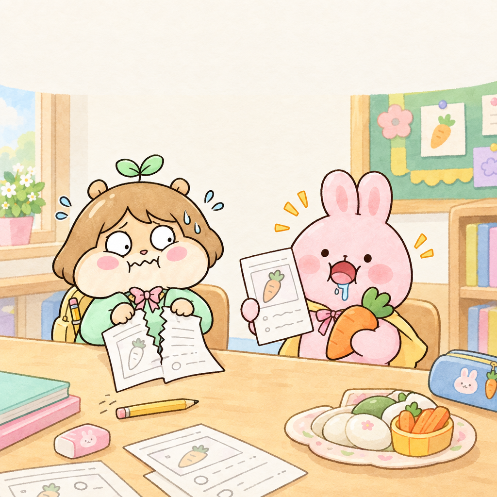 뭉치는 ‘콩이가 당근을 먹는다’라고 썼다. 조사 ‘이/가’는 앞말에 붙여 써서 ‘콩이가’로 고친다.