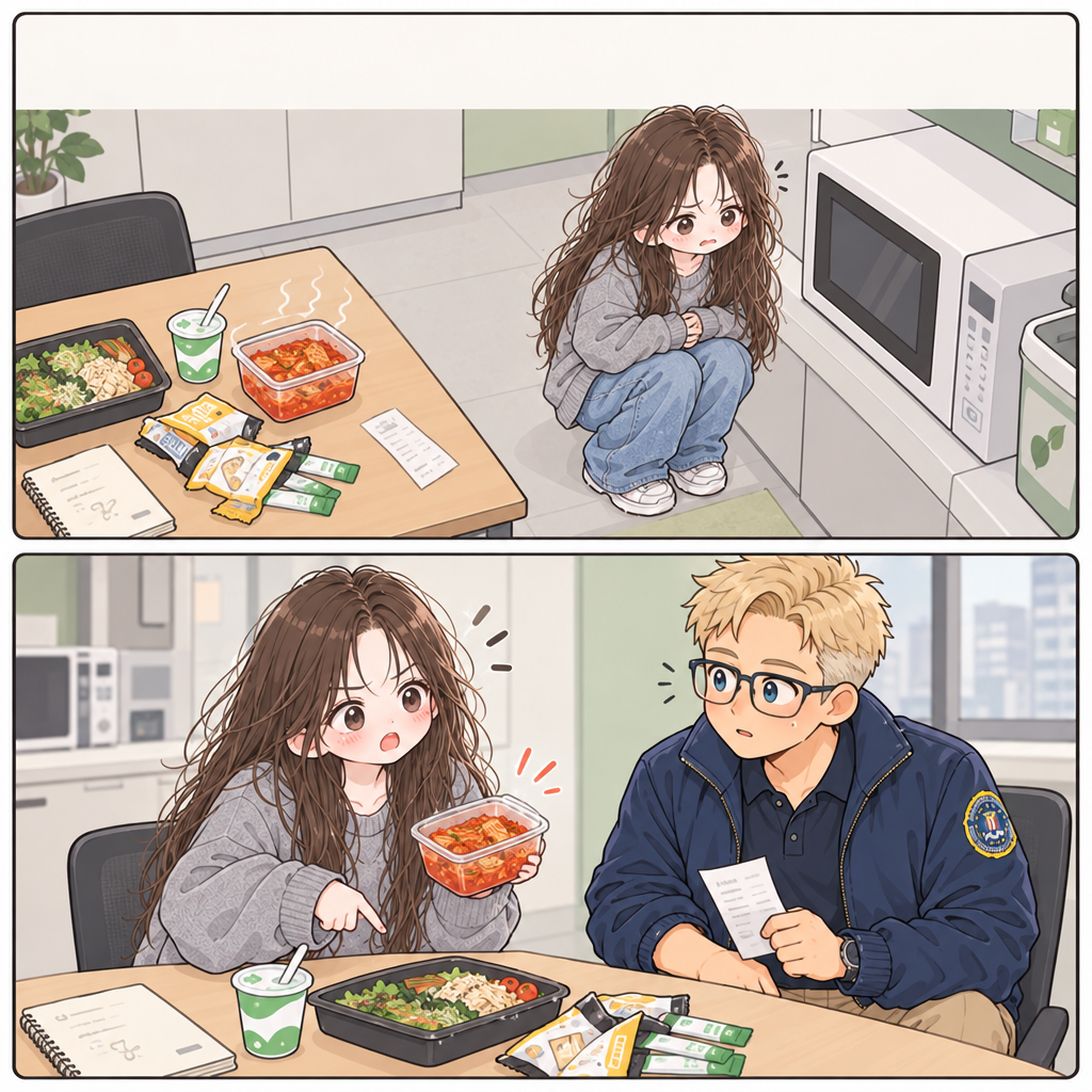 회의를 1분 앞두고 Amanda의 배가 불편해졌다. 수첩에는 인스턴트 간식과 지나치게 뜨거워진 점심이 함께 기록된다.