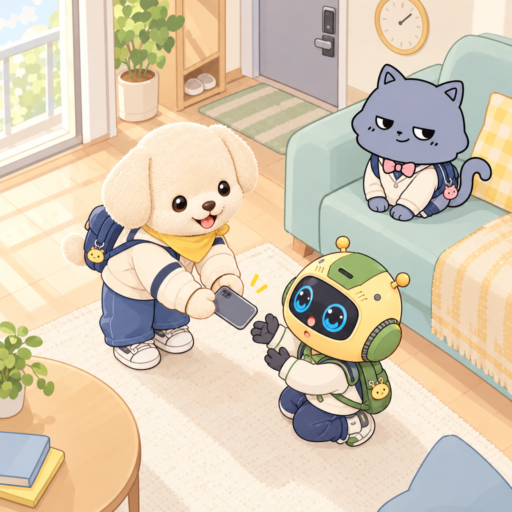 몽이 finds the dropped smartphone in the living room. He helps robot_child_male_chibi_mascot_002 before making the call.