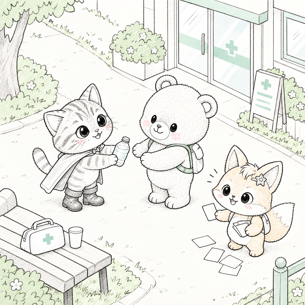 公園で、ブーツは倒れた水筒を拾って두리に渡しました。体の部分に「が」をつけて、「いたいです」と言うと、痛い場所を伝えられます。