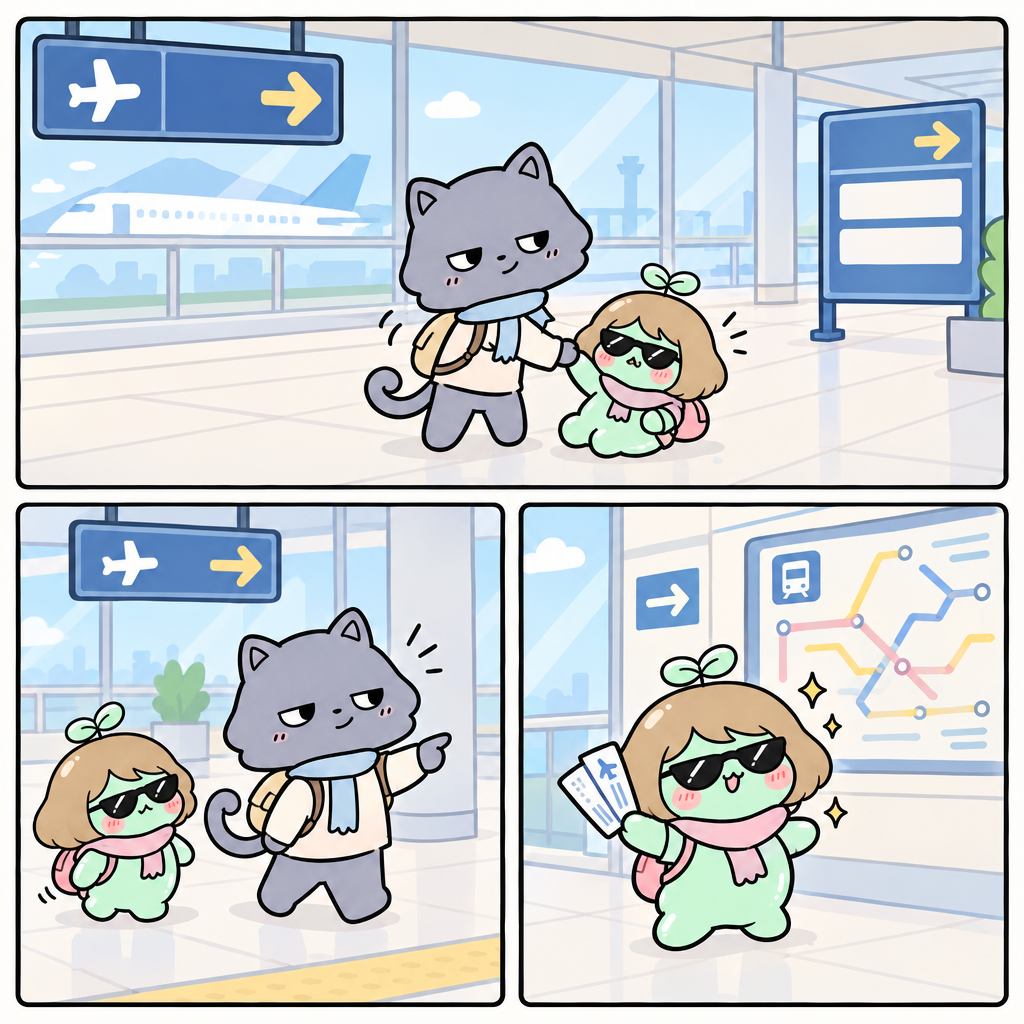 냥냥は 펭を起こして、りょこうを始めました。りょこうは「여행」이라는 뜻입니다。