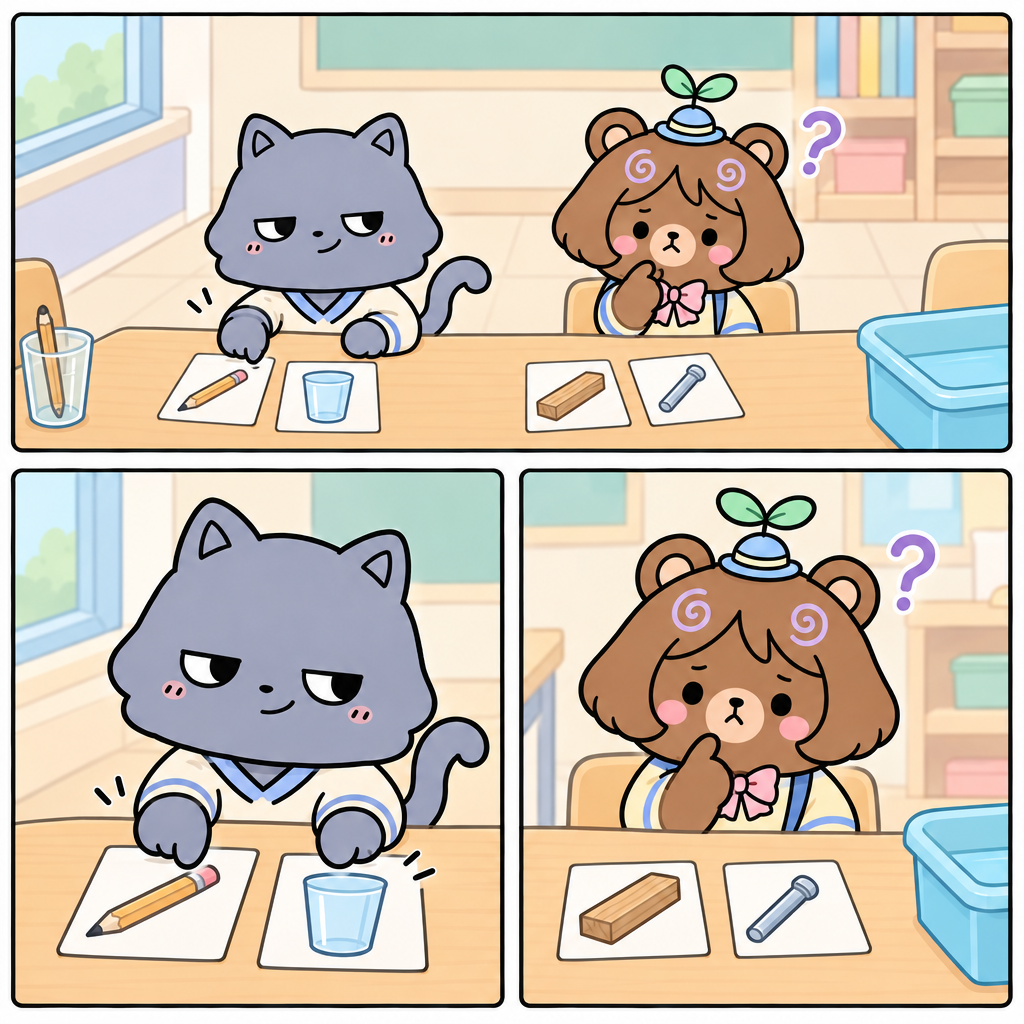 연필과 컵은 물체다. 물체를 이루고 있는 재료를 물질이라고 한다.