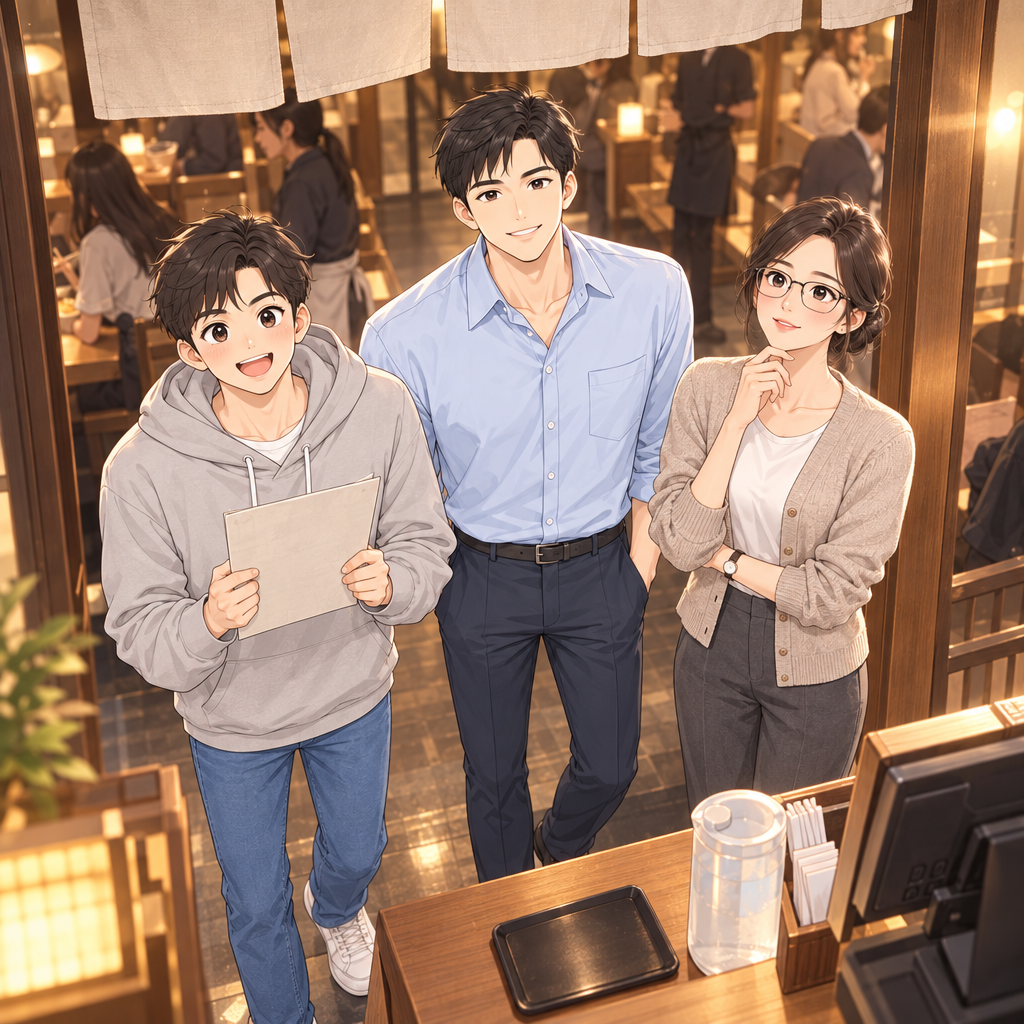 昼の混雑が少し残る店先で、三人は席を待っています。日本の店では、人数を短く伝えると案内が早く進みます。