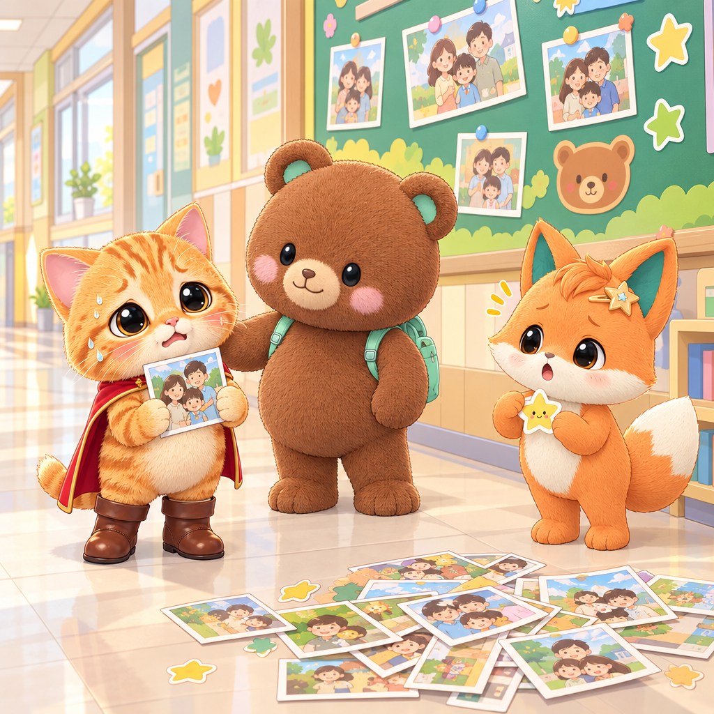 発表の前、家族カードが混ざりました。おかあさんは「엄마」라는 뜻이에요.