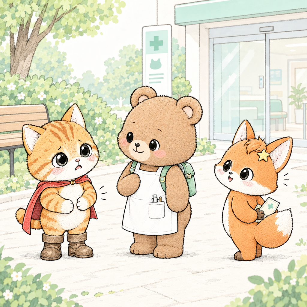 두리がもう一度たずねると、ブーツはおなかを押さえました。「おなかがいたいです」は「배가 아파요」라는 뜻입니다.