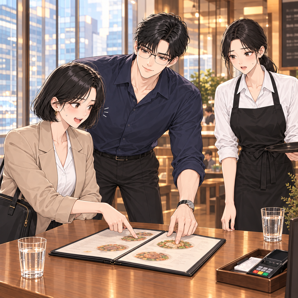 Mina points at the wrong menu line first, but the server waits patiently. She switches to a natural recommendation question and then orders…