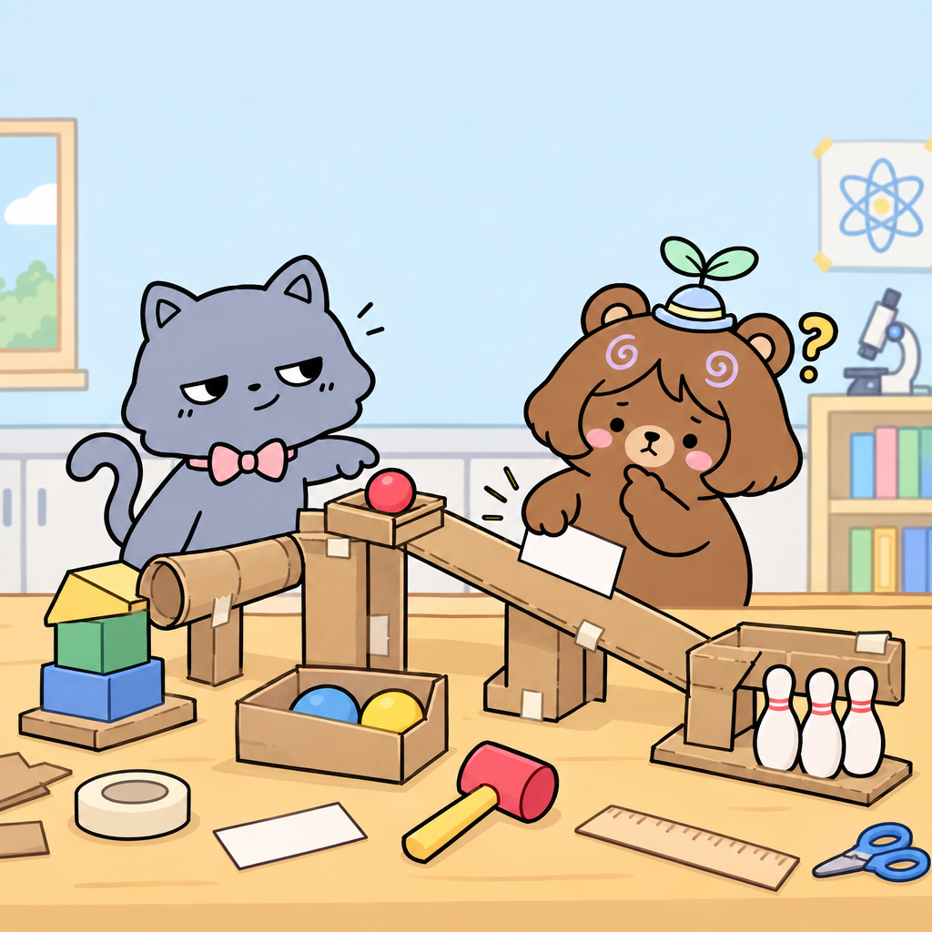 곰곰은 에너지를 힘이라고 적어 장치에 붙였다. 에너지는 일을 할 수 있는 능력이며, 운동에너지·열에너지·전기에너지처럼 여러 형태가 있다.