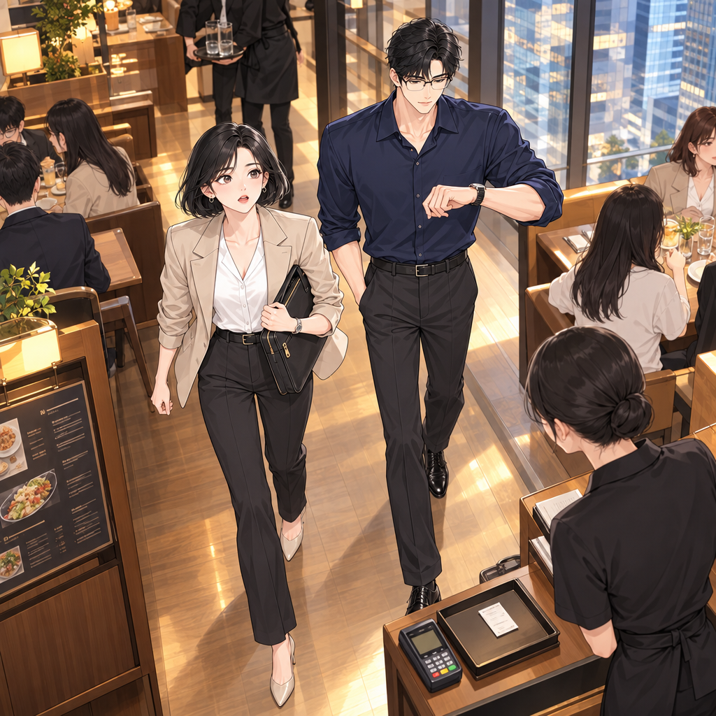 Mina and Jae rush into a bistro before a client meeting. They have only a short lunch break, so every sentence has to work.