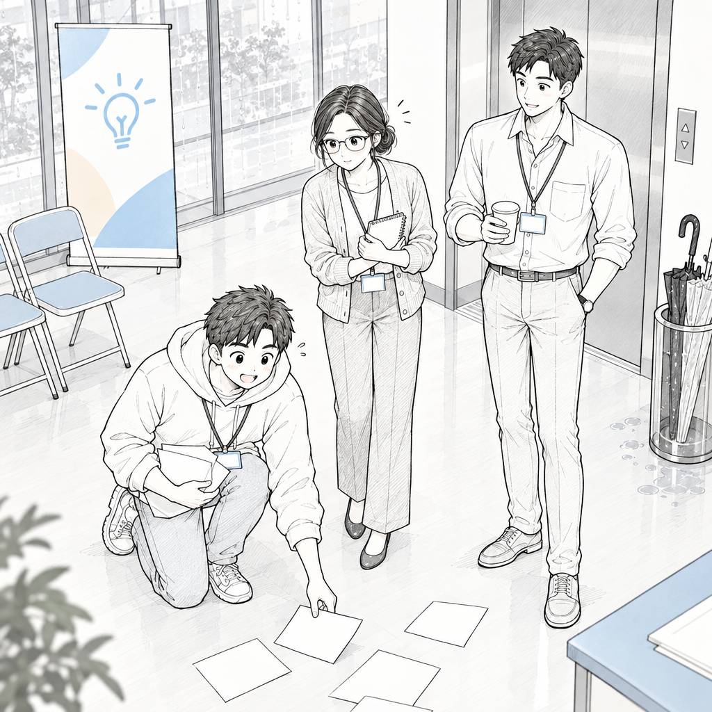 少し前、交流会の開始直前にメモが床へ落ちました。最初の会話は、相手への小さな気づかいから始まることもあります。