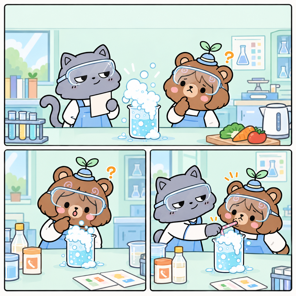 거품이 비커 밖으로 솟자 미션 카드가 나타났다. 화학 변화는 기체·열·색·냄새·빛·앙금 같은 증거로 알아볼 수 있다.