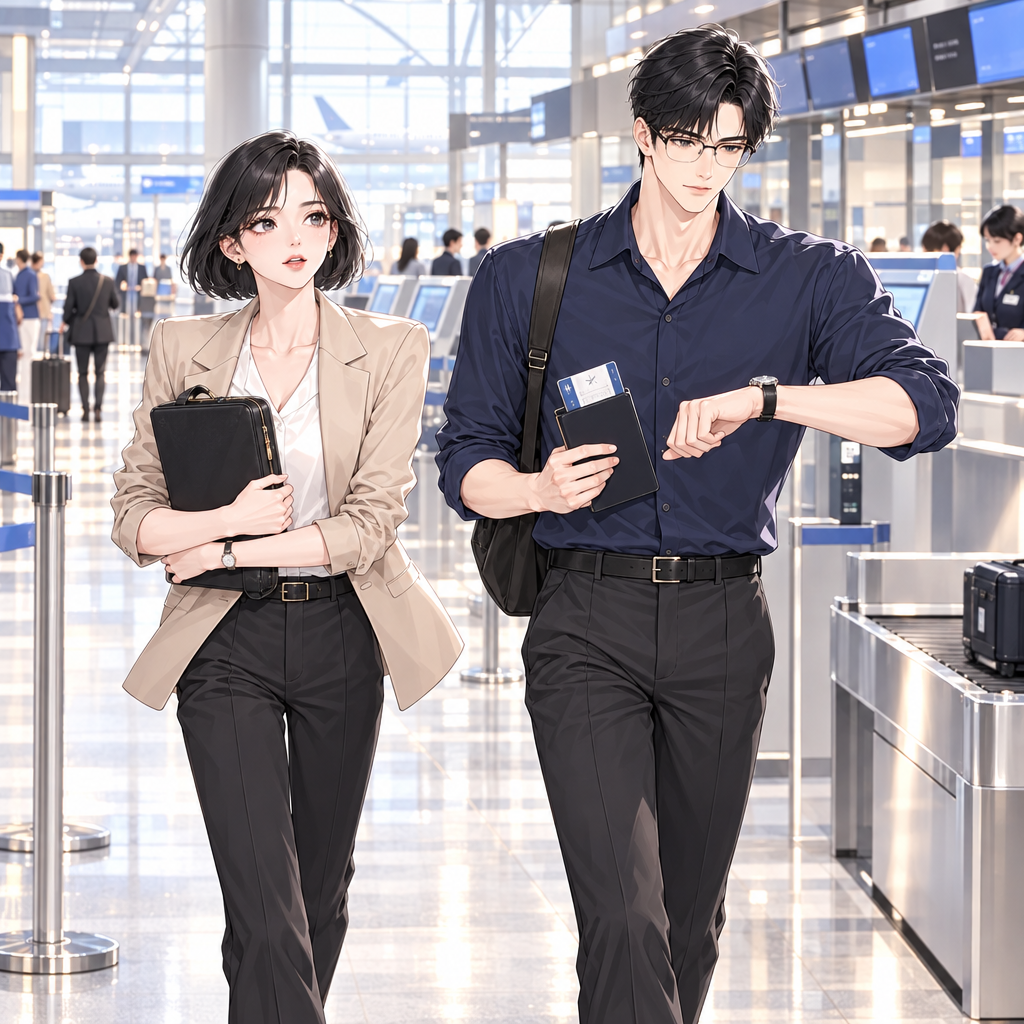 Mina and Jae are flying to an important work presentation. Jae watches the time, while Mina protects her laptop bag like a VIP passenger.