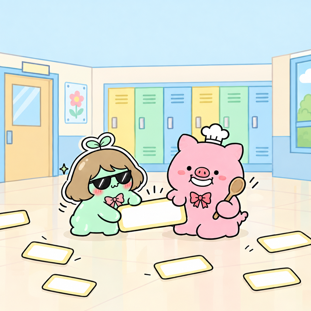 Dropped name tags cover the hallway floor. A name means a person's name, so 펭 looks for his own tag.