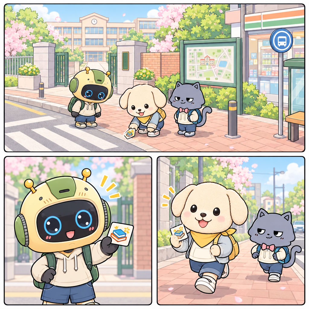A library sticker is missing near the school gate. 몽이 finds it, so the street mission can begin.