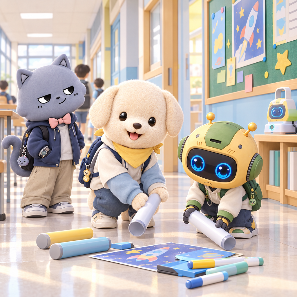 몽이 helps robot_child_male_chibi_mascot_002_child_male_chibi_mascot_002 collect the poster tubes. He practices a future job sentence, but on…