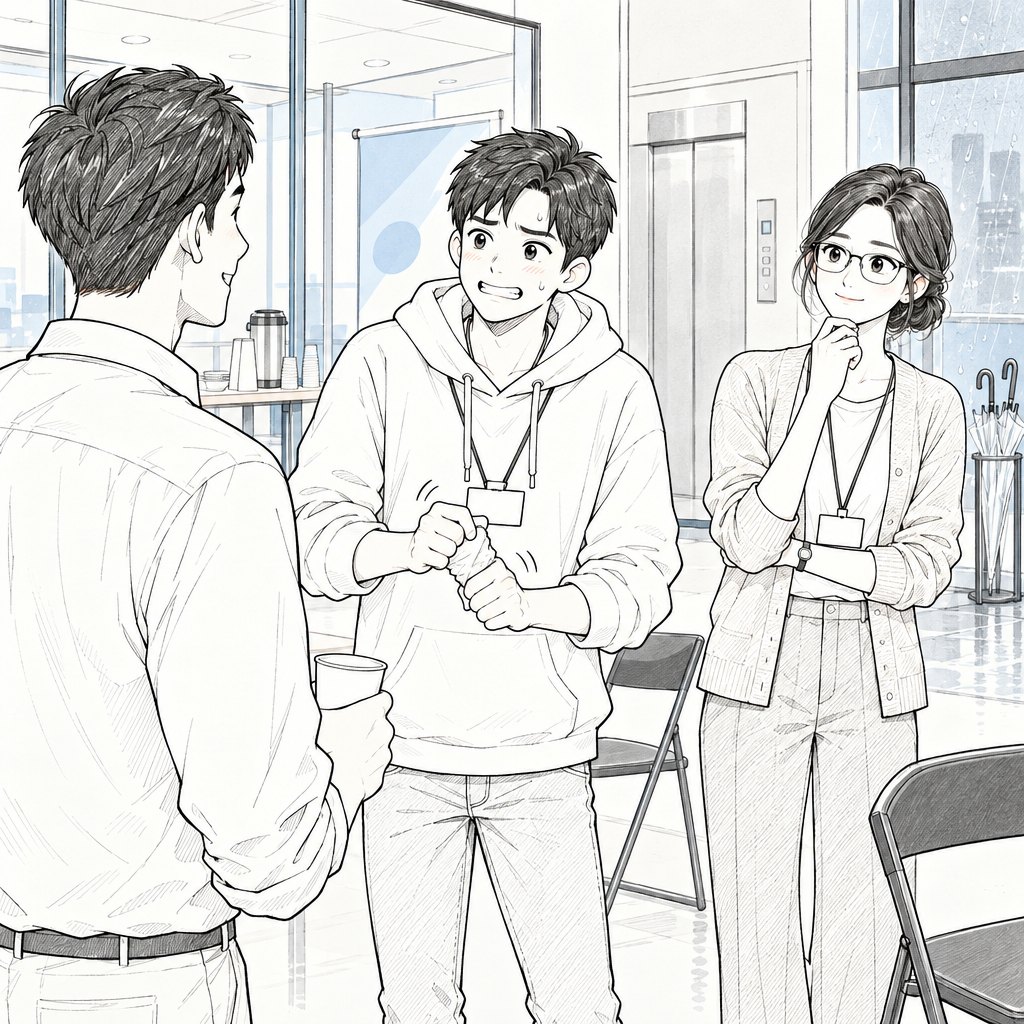 ラウンジで趣味を聞かれた瞬間、民宰の言葉が絡まりました。趣味をはっきり聞く自然な入口は「趣味は何ですか」です。