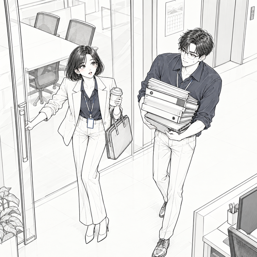 The client meeting room will be released in one minute without a final time. Mina decides to make the call while Jae carries the files.