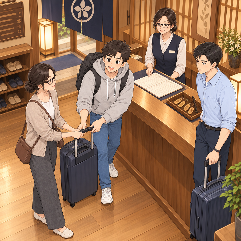 三人は旅館のフロントに着きました。チェックインでは、まず予約の名前を確認します。