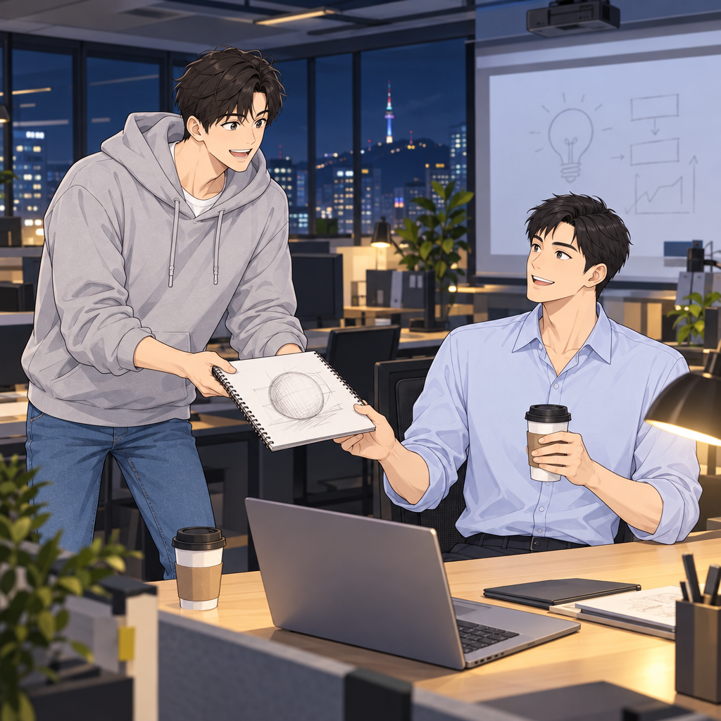 민재는 피칭용 공 그림을 맡겼고, 준은 커피와 함께 초안을 받았습니다. 공의 입체감은 빛의 방향을 읽는 데서 출발합니다.