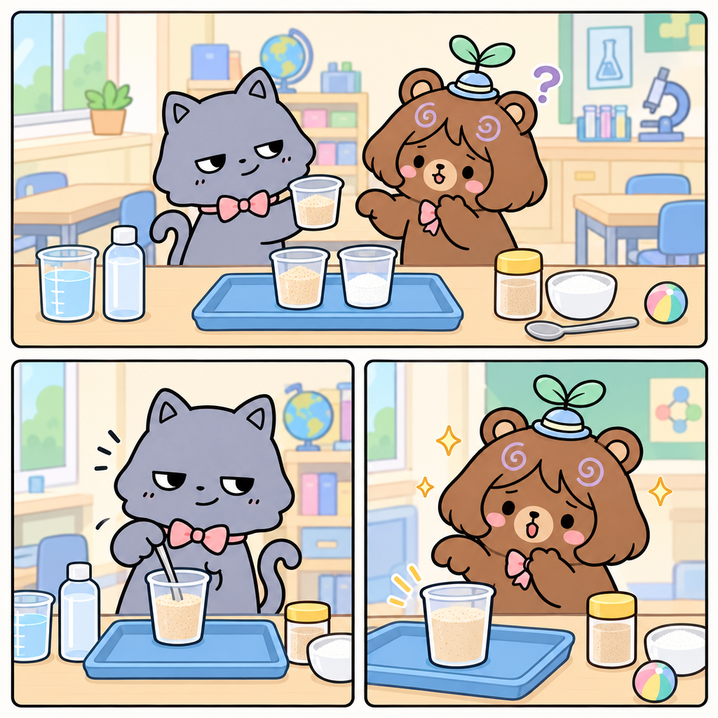 냥냥은 미숫가루와 설탕을 컵에 담았다. 곰곰은 섞으면 완전히 다른 것이 될 거라고 생각했다.
