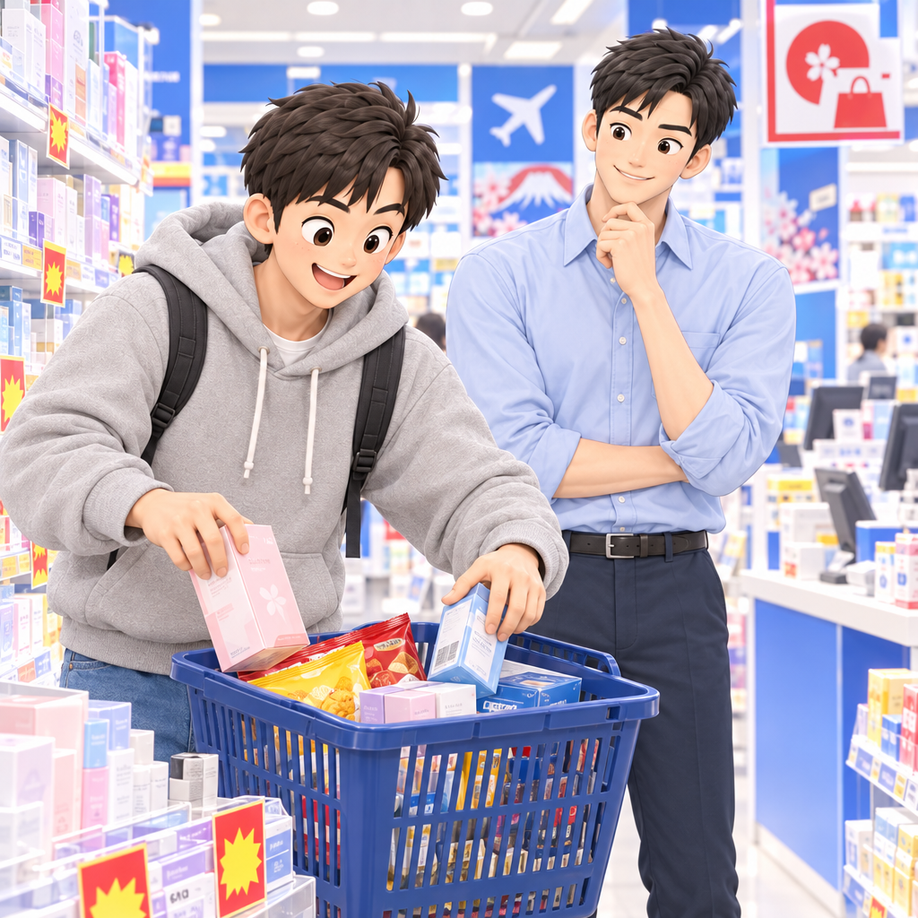 化粧品を見つけた直後、民재はお菓子と湿布まで買い物かごに入れました。免税できるか聞く前に、買う物だけが増えていきます。