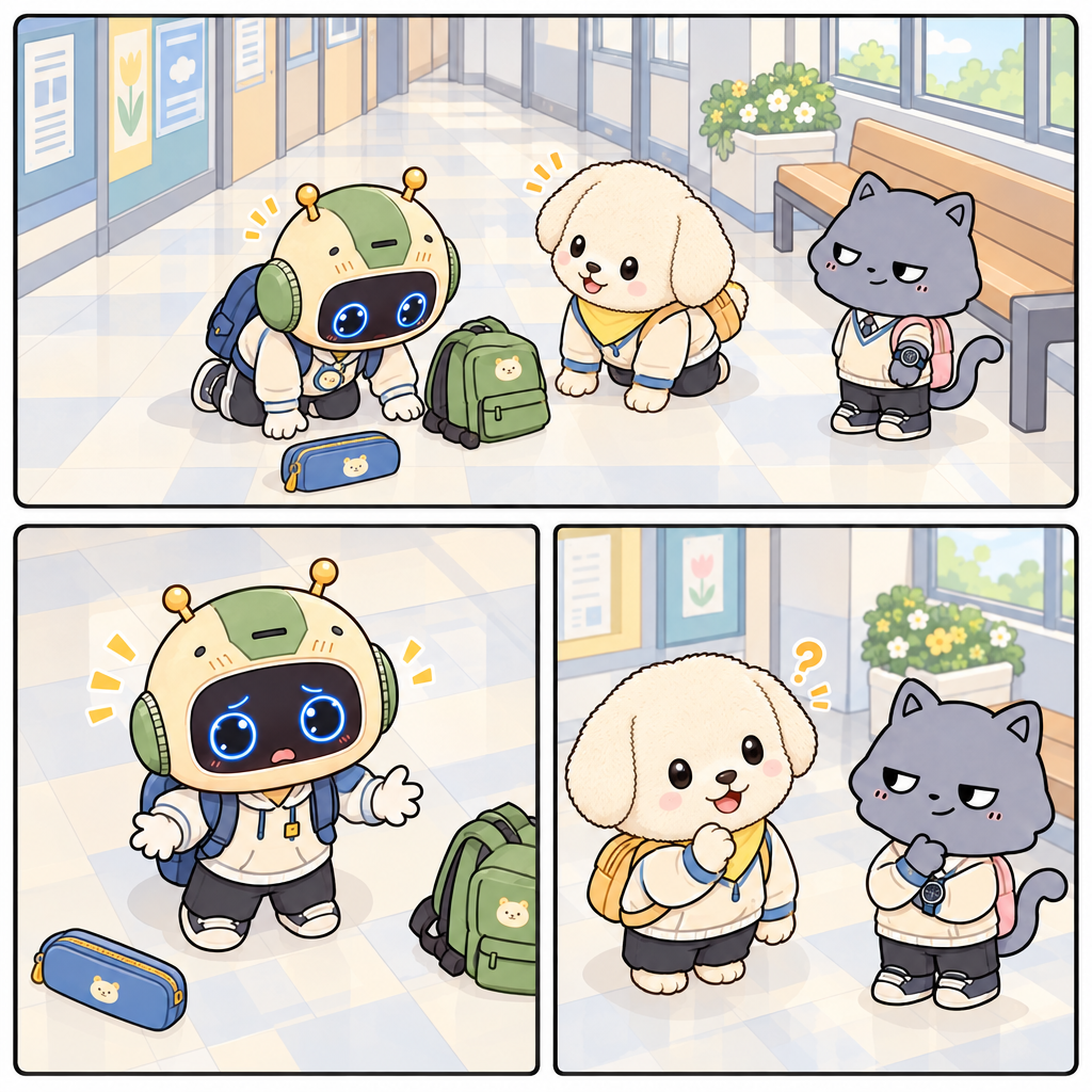 The robot cannot find his note, so his blue eyes keep blinking. Mongi listens before deciding what the feeling means.