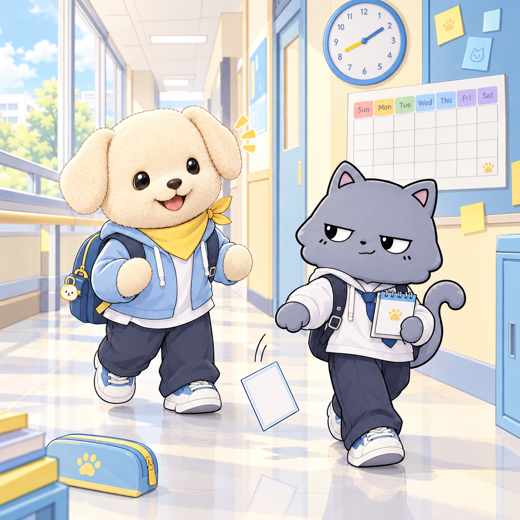 Mong finds NyaNya’s homework card. The card uses today for now and tomorrow for the next day.