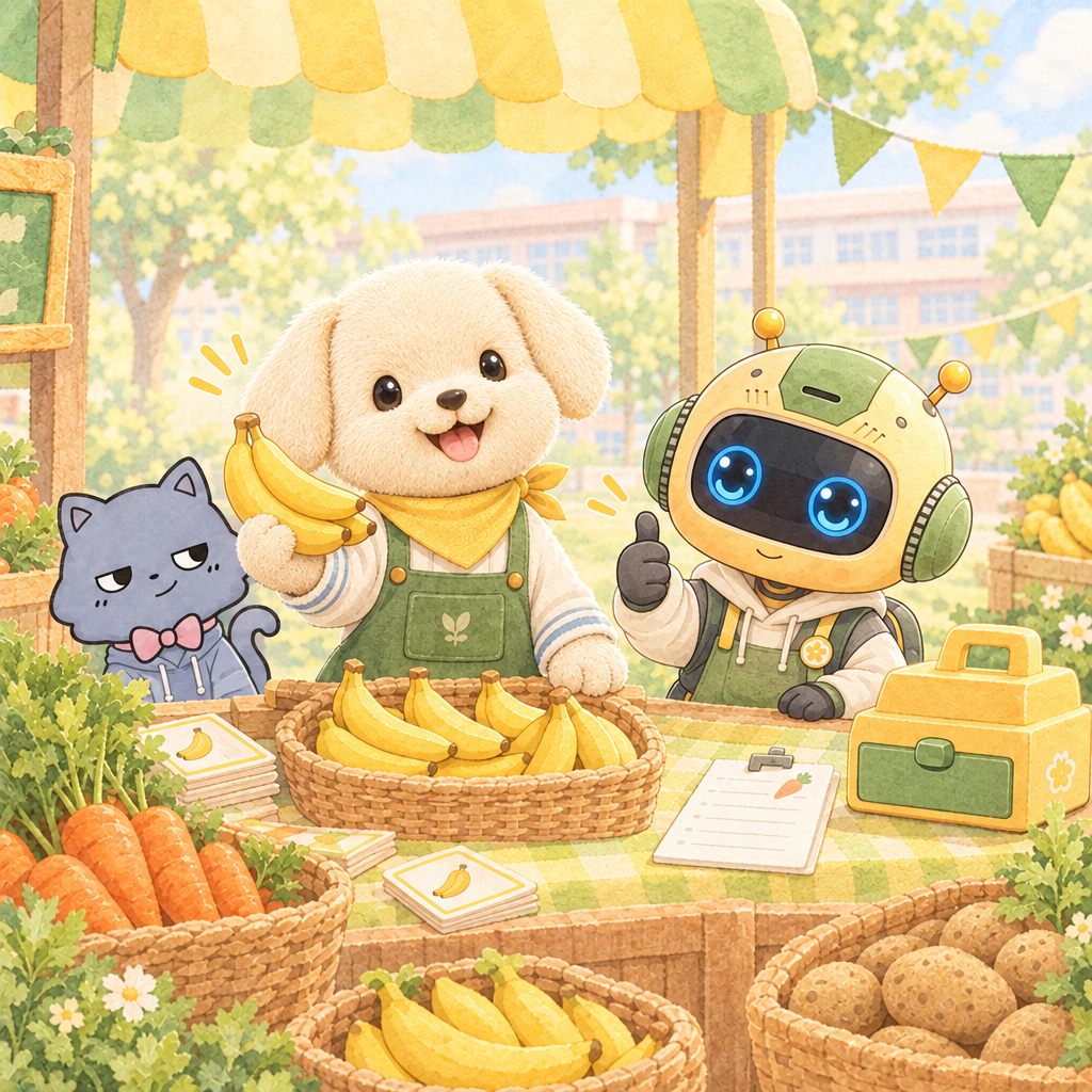 Four bananas means more than one banana, so banana becomes bananas. 몽이 fixes the order and smiles.