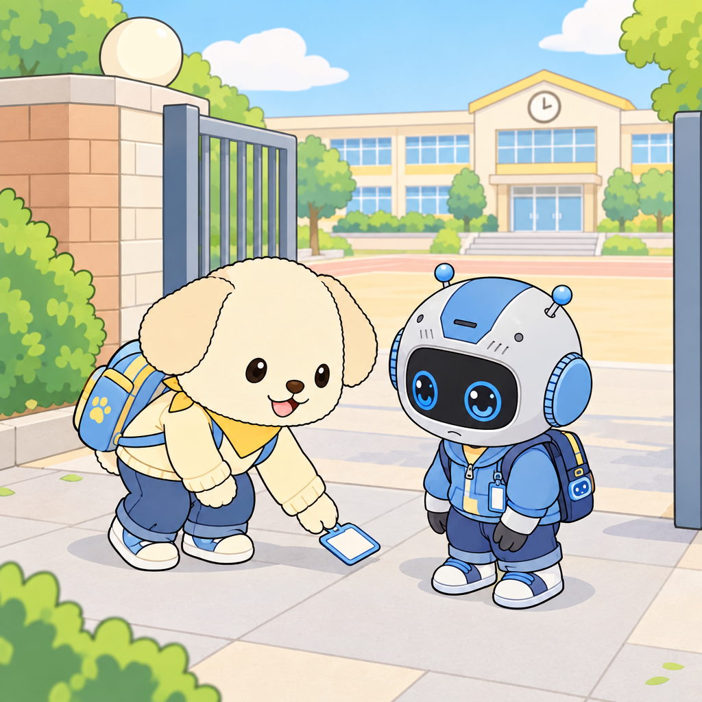 A name tag falls at the school gate. Mongi helps first, then greets the new friend.